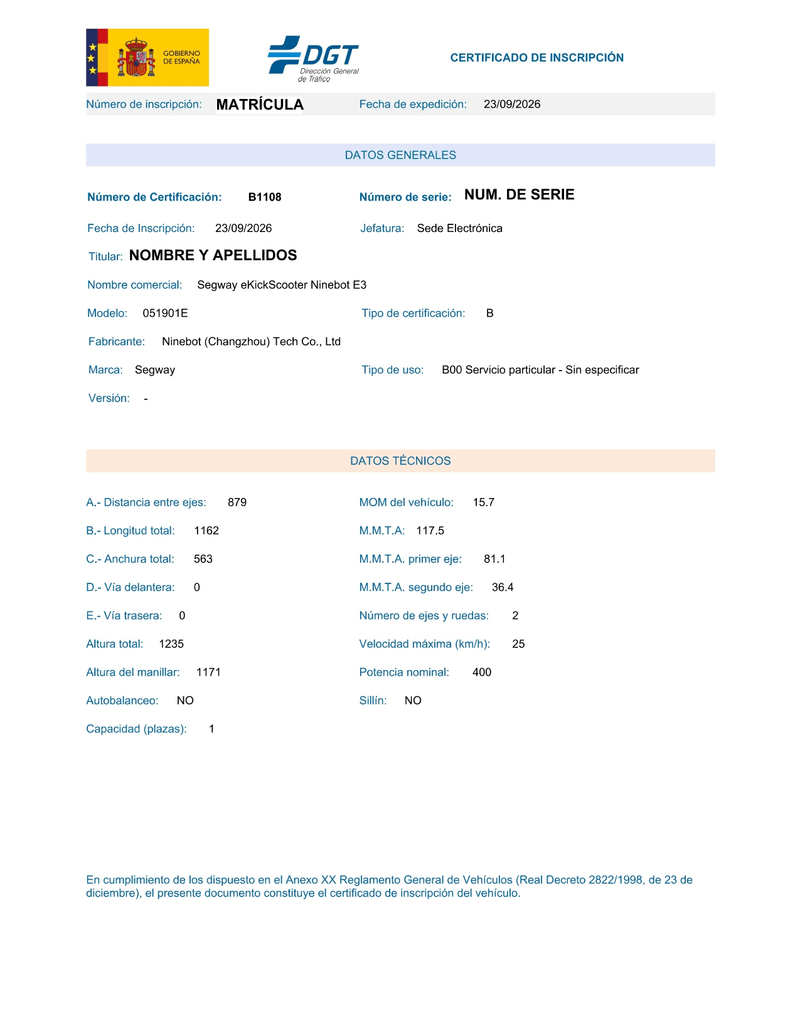 Ejemplo de certificado de inscripción de un patinete en la DGT, con el número de inscripción, el número de certificación del modelo (B1108) y los datos técnicos