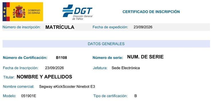Parte superior de un certificado de inscripción de la DGT con el número de certificación B1108, el número de serie, el nombre comercial y el modelo