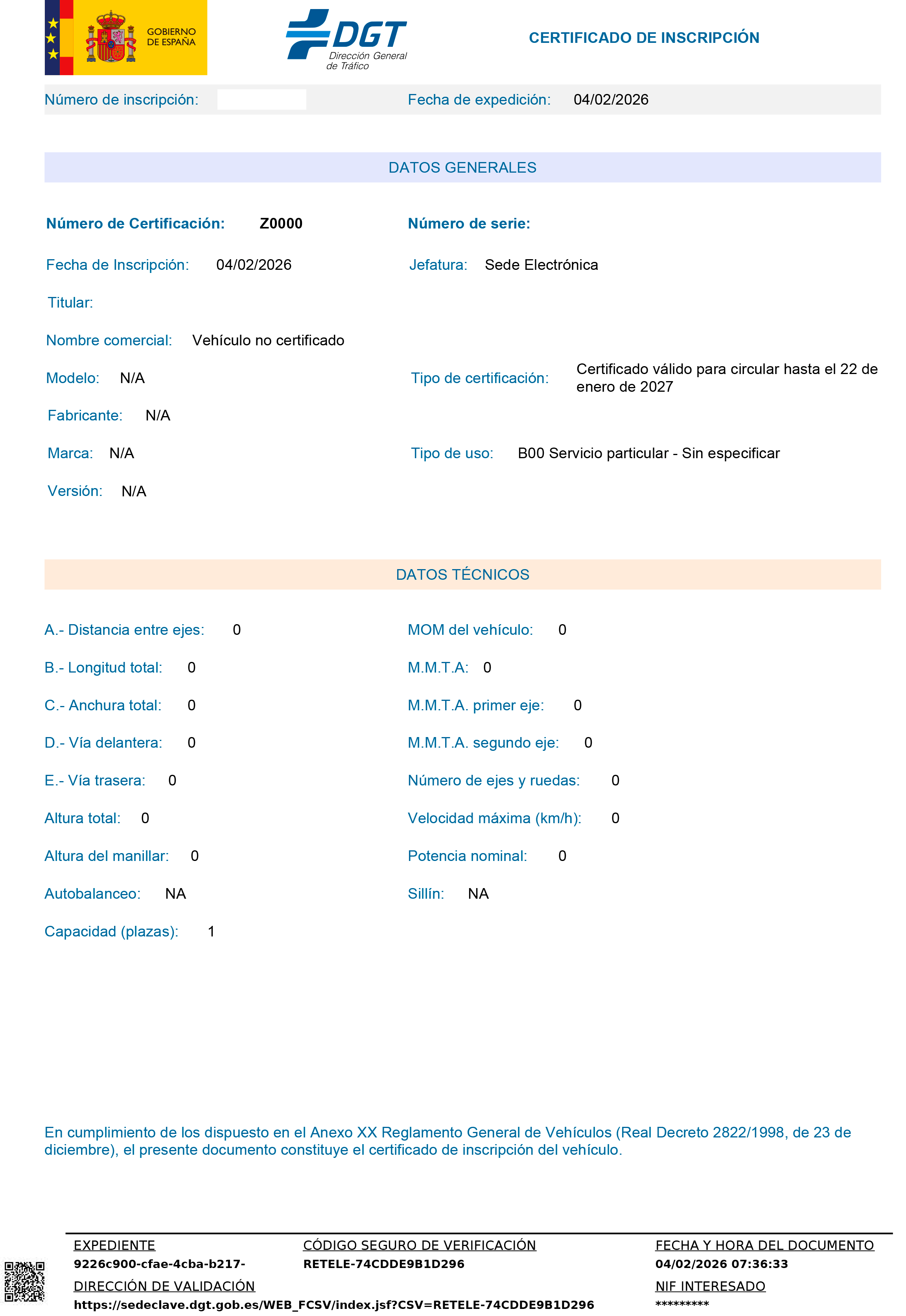 Certificat d'inscripció VMP DGT