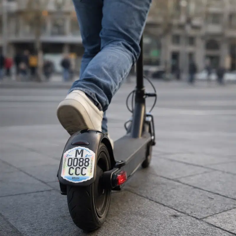 Patinete el&eacute;ctrico con placa de matr&iacute;cula DGT visible circulando por Barcelona